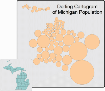 Dorling cartogram maps use a variably-sized symbol to represent data values. In areas of high concentration, MapViewer will display larger symbols to represent the higher data levels